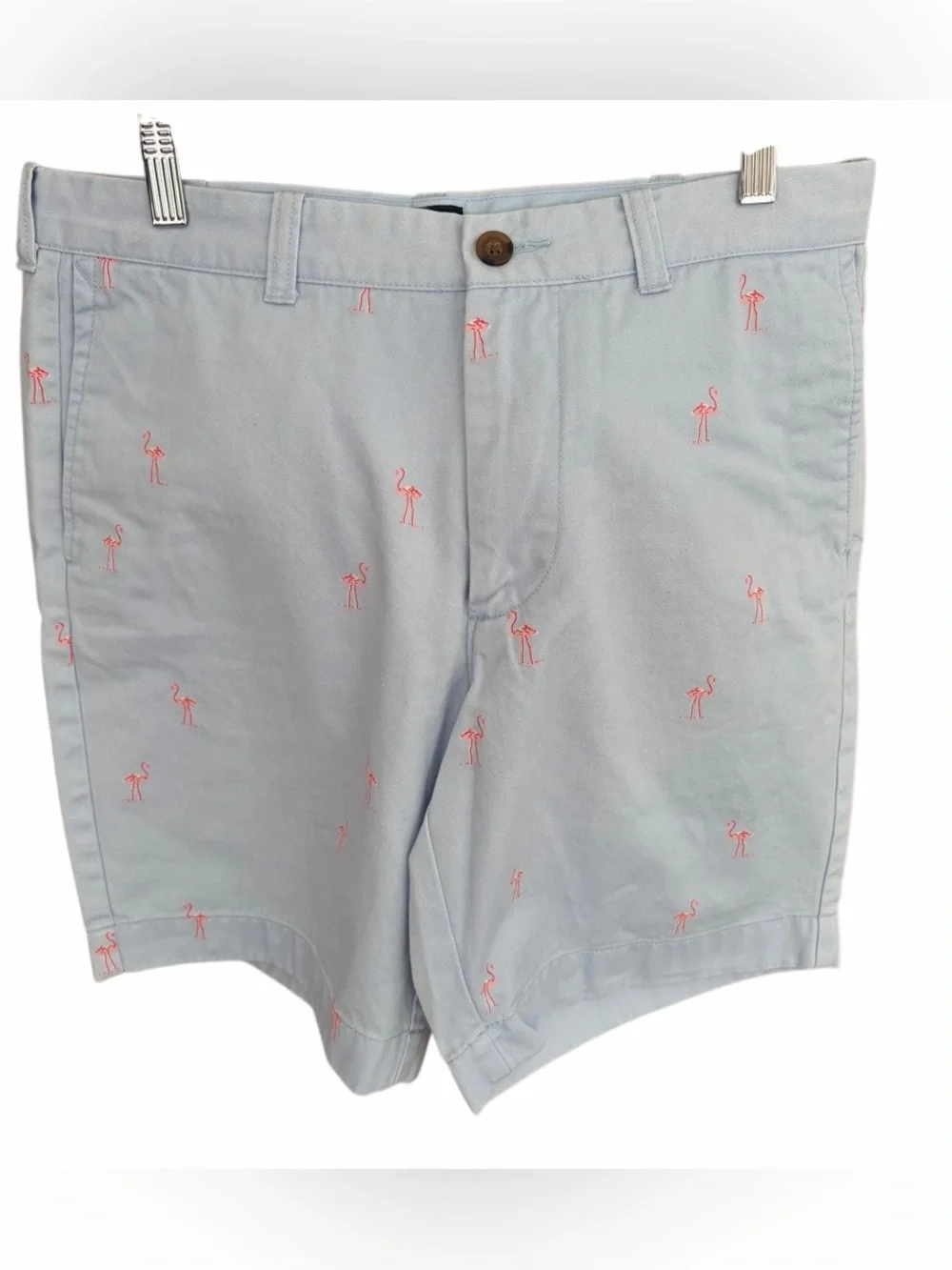 J.Crew Gramercy chino shorts,light blue w/ flamingo pattern size 33.